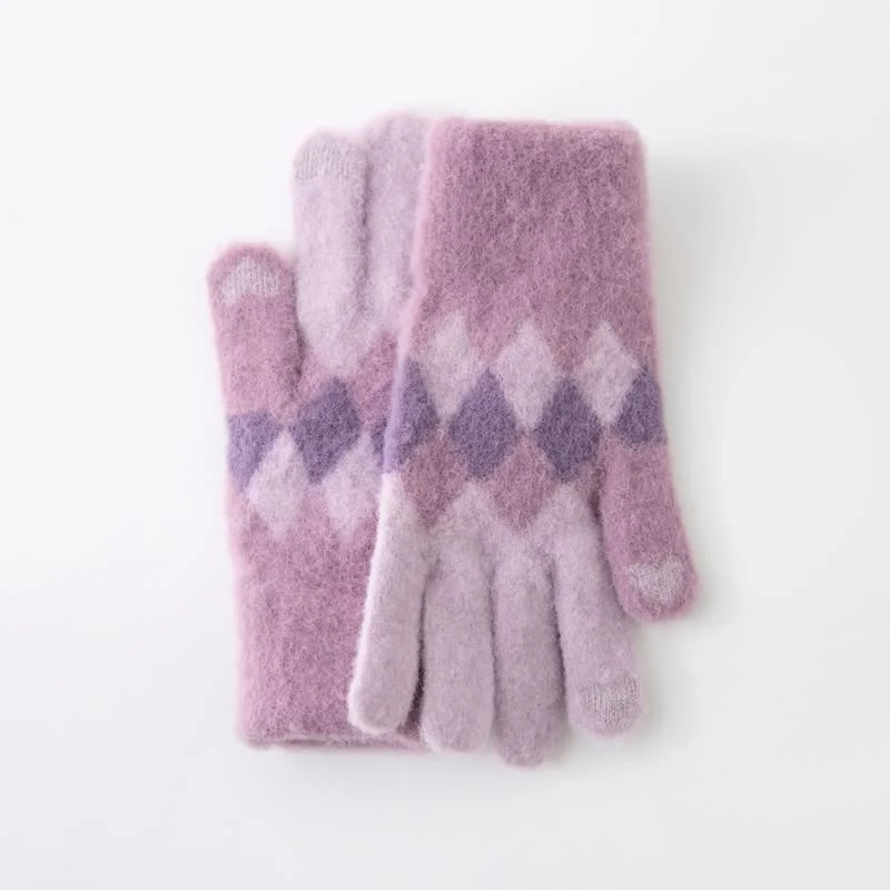 Colorful Diamond Pattern Warm Plush Knitted Gloves - Image 15