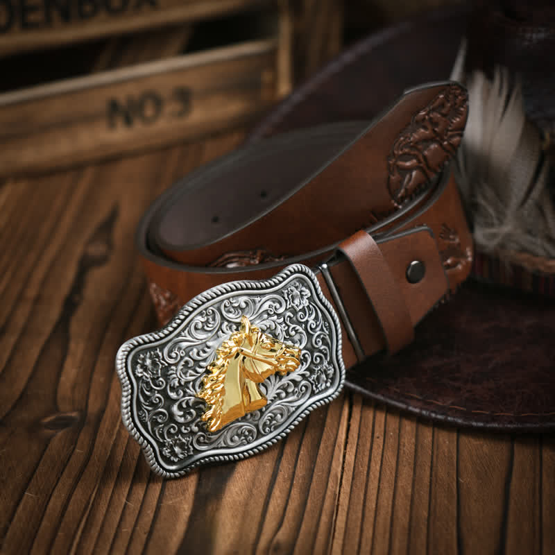 Cowboy Style Golden Horse Head Embossed Pattern Leather Belt - Image 2