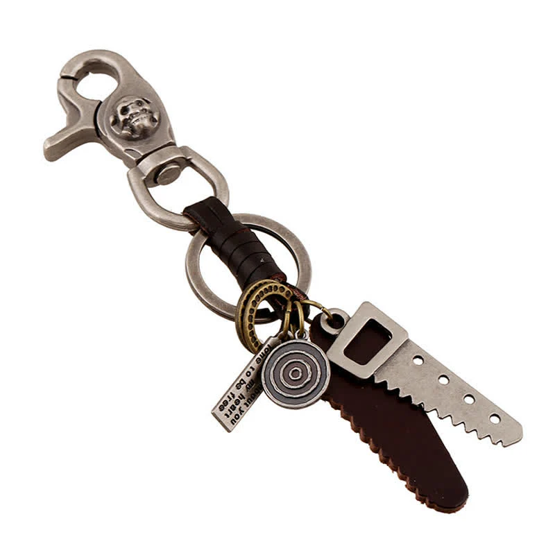 Creative Saw Carved Skull Leather Keychain - Image 2