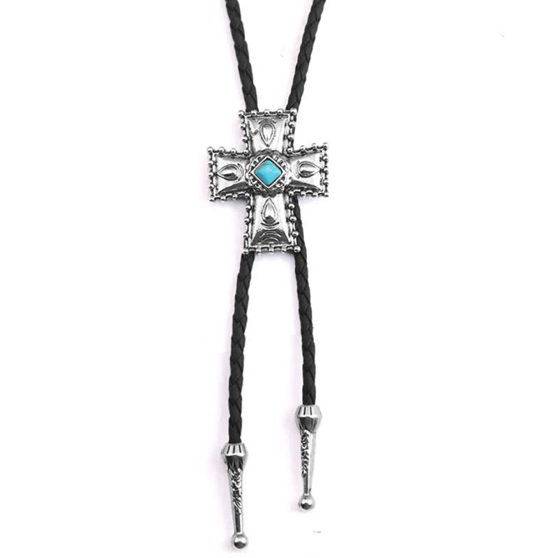 Cross Blue Artificial Stone Bolo Tie - Image 4