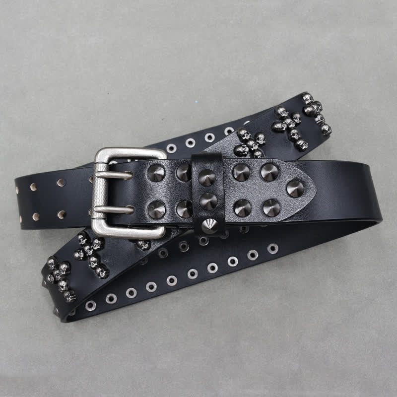 Cross Shape Skull Heads Rivets Double Pin Leather Belt - Image 4