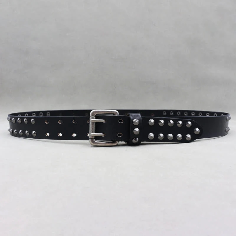 Cross Shape Skull Heads Rivets Double Pin Leather Belt - Image 5