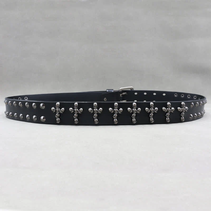 Cross Shape Skull Heads Rivets Double Pin Leather Belt - Image 6