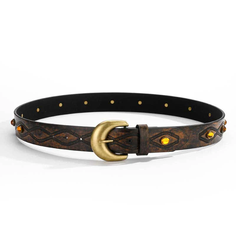 Dark Coffee Bright Gemstone Rivets Leather Belt - Image 3