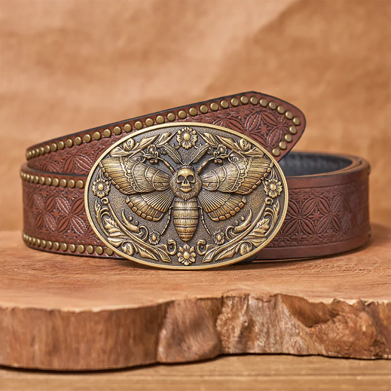 Dark Elegance Skull-Headed Moth Buckle Leather Belt - Image 5