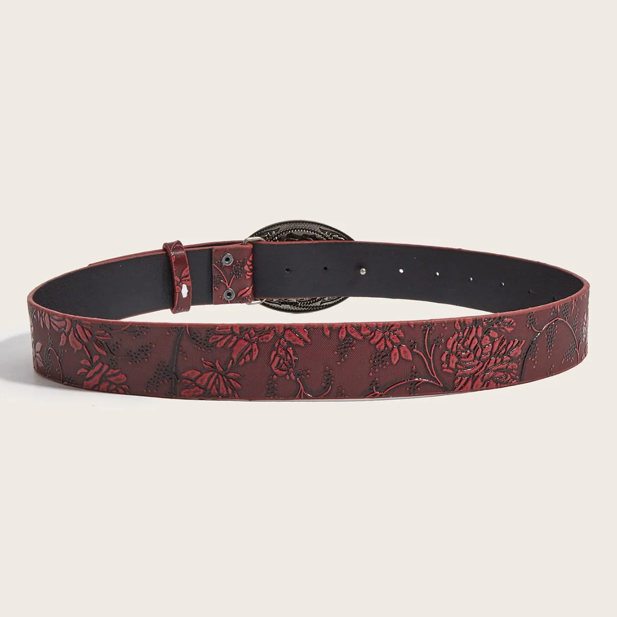 Dark Romantic Red Rose Embossed Leather Belt - Image 4