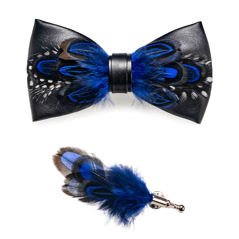 DarkBlue White Dots Lively Feather Bow Tie with Lapel Pin - Image 4