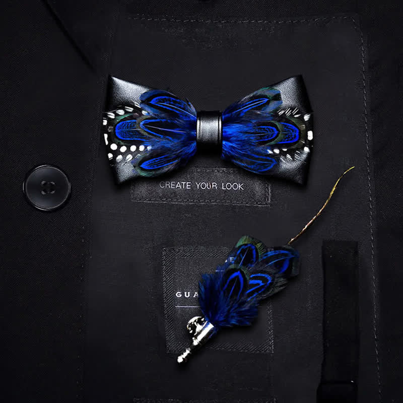 DarkBlue White Dots Lively Feather Bow Tie with Lapel Pin - Image 6