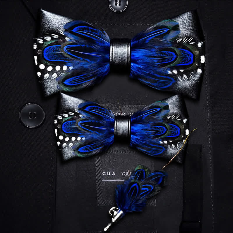DarkBlue White Dots Lively Feather Bow Tie with Lapel Pin - Image 7
