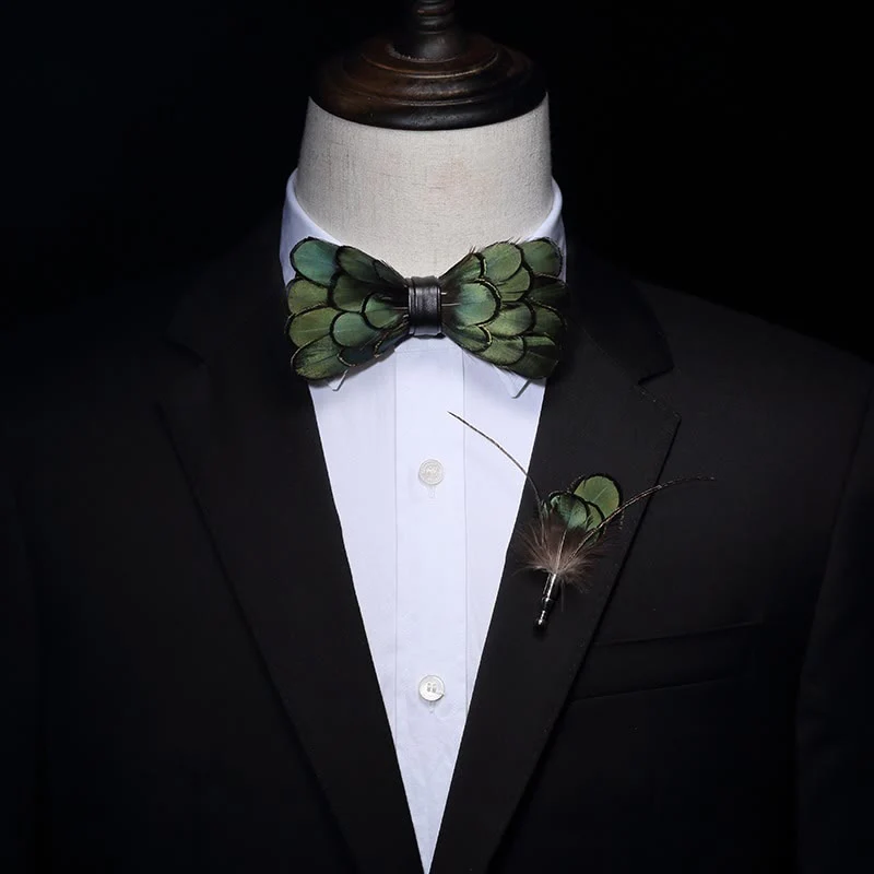 DarkOliveGreen Classic Feather Bow Tie with Lapel Pin - Image 3