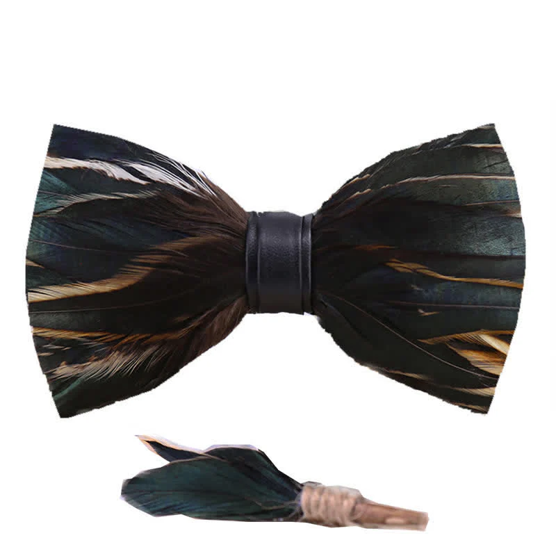 DarkSlateGray Feather Bow Tie with Lapel Pin - Image 4