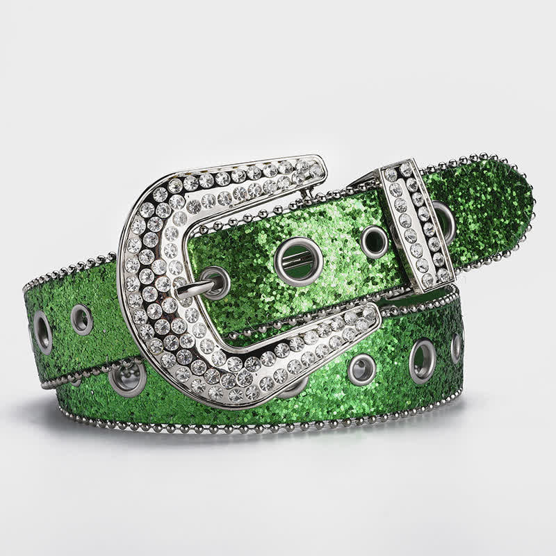 Dazzling Sequin Rhinestone Buckle Leather Belt - Image 7