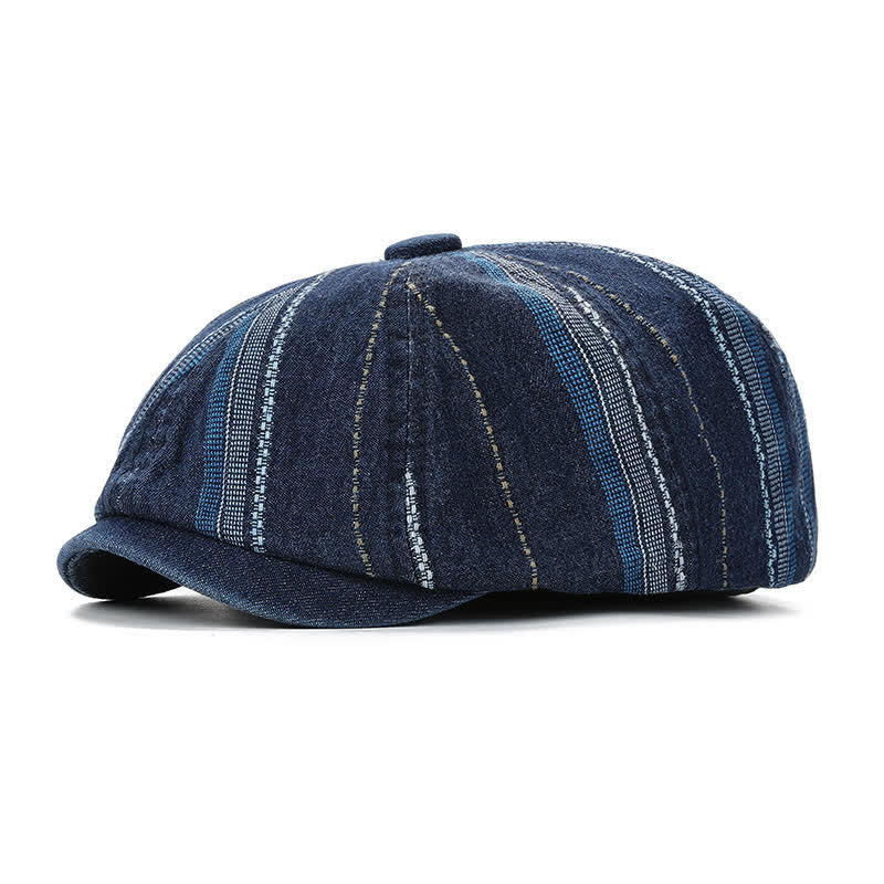 Denim Striped Newsboy Cap Octagonal Beret Hat