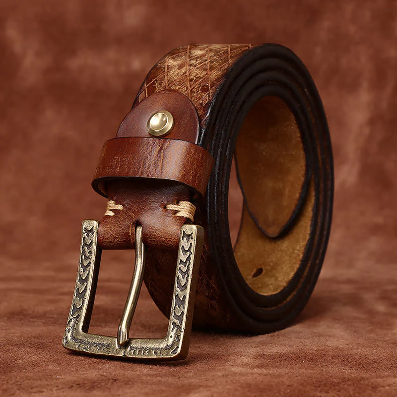 Designed Vintage Embossed Diamond Leather Belt - Image 5