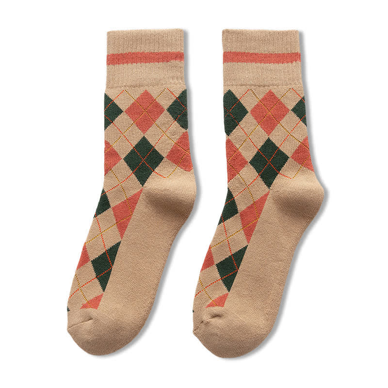 Diamond Checked British Style Cotton Crew Socks - Image 19