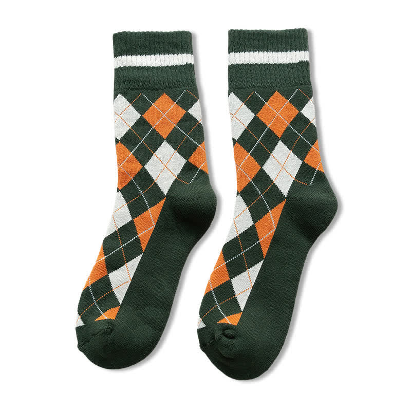 Diamond Checked British Style Cotton Crew Socks - Image 3