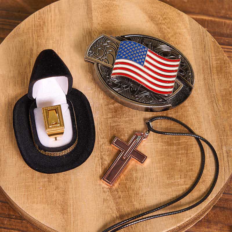 DIY American Flag Hidden Knife Belt Buckle Cross Necklace Blade Ring Bundle Set - Image 2