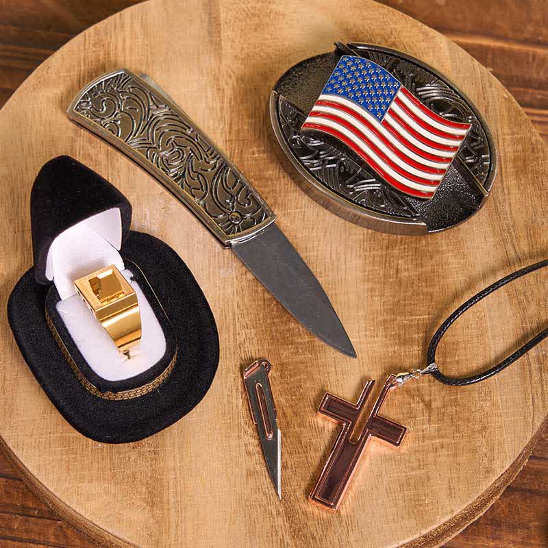 DIY American Flag Hidden Knife Belt Buckle Cross Necklace Blade Ring Bundle Set - Image 3