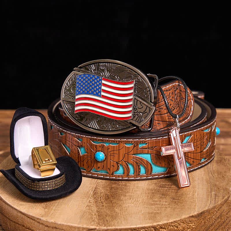 DIY American Flag Hidden Knife Belt Buckle Cross Necklace Blade Ring Bundle Set - Image 4