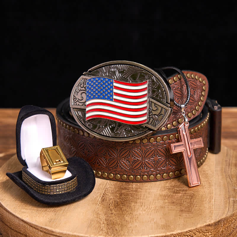 DIY American Flag Hidden Knife Belt Buckle Cross Necklace Blade Ring Bundle Set - Image 5