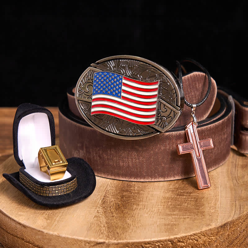 DIY American Flag Hidden Knife Belt Buckle Cross Necklace Blade Ring Bundle Set - Image 6
