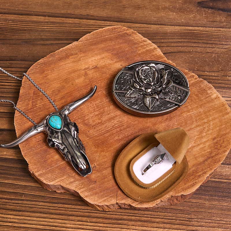 DIY Hidden Knife Belt Buckle Turquoise Bull Pendant Knife Ring Bundle Set - Image 19