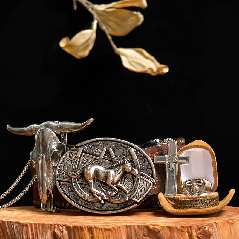 DIY Horse Hidden Knife Belt Buckle Cross Necklace Bull Pendant Ring Bundle Set - Image 7