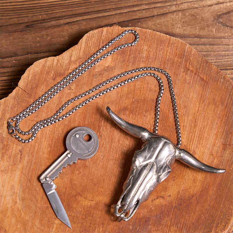 DIY Longhorn Bull Pendant Hidden Knife Key-Shaped Keychain Bundle Set - Image 2