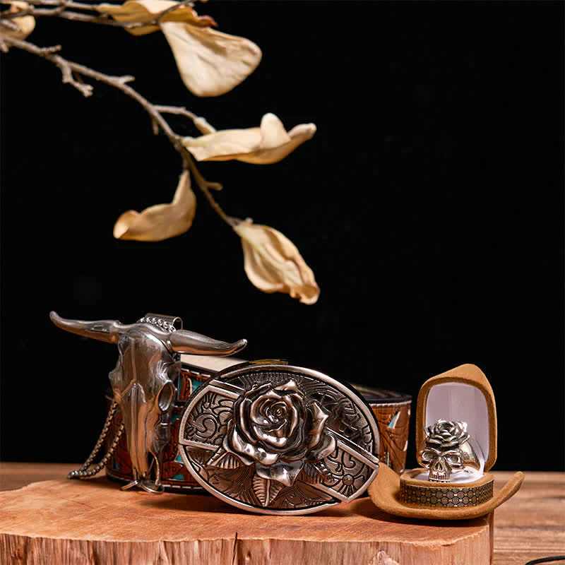 DIY Rose Hidden Knife Belt Buckle Bull Pendant Skull & Rose Ring Bundle Set - Image 8