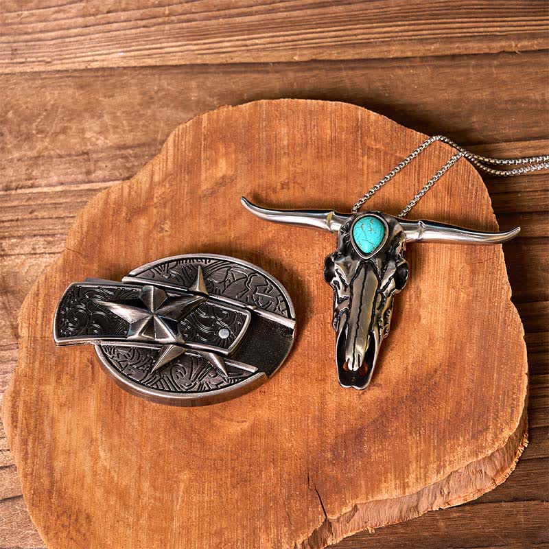 DIY Star Hidden Knife Belt Buckle Lighter Turquoise Longhorn Pendant Bundle Set - Image 5
