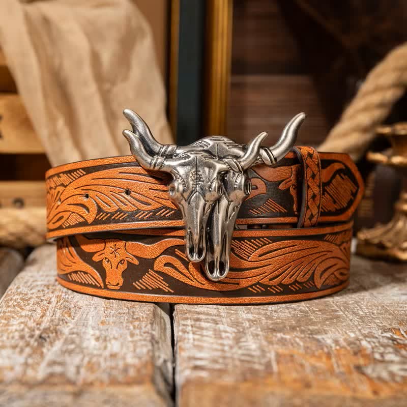 Double Bull Heads Western Embossed Leather Belt - Image 5