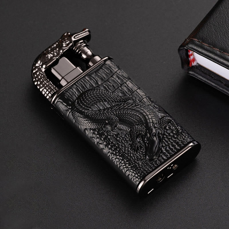 Double Flame Embossed Alligator Head Refillable Butane Lighter - Image 8