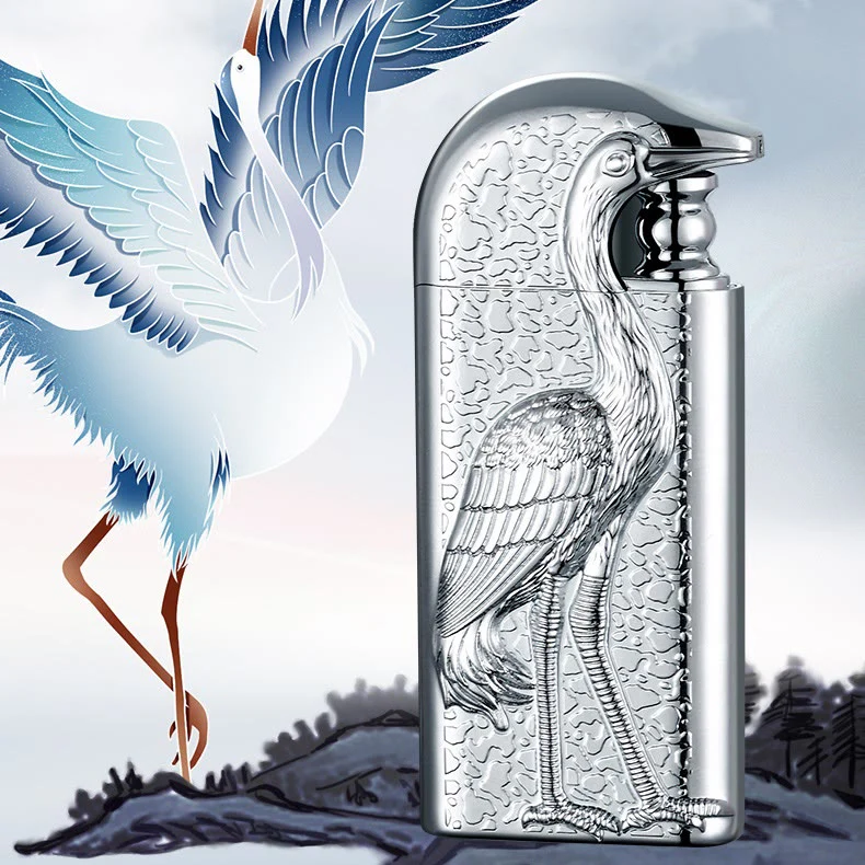 Double Flame Embossed Grus Japonensis Refillable Butane Lighter - Image 3