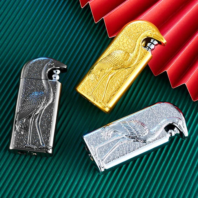 Double Flame Embossed Grus Japonensis Refillable Butane Lighter - Image 4