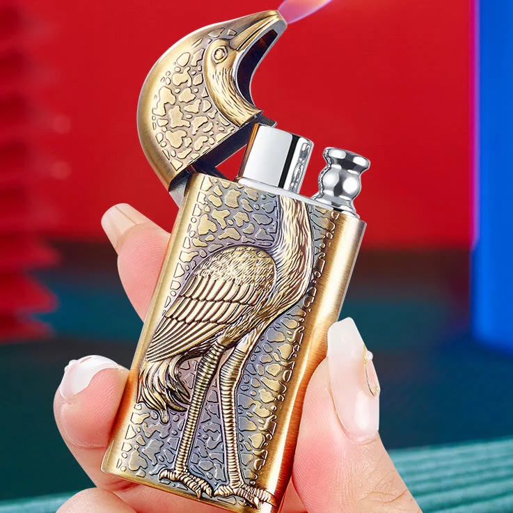 Double Flame Embossed Grus Japonensis Refillable Butane Lighter - Image 6