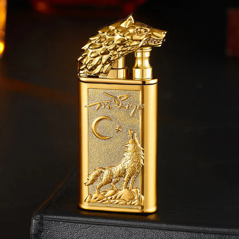 Double Flame Embossed Roaring Wolf Refillable Butane Lighter - Image 4