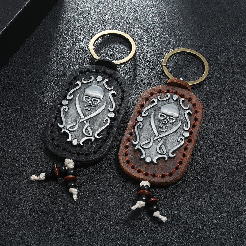Double Swords Skull Pendant Leather Keychain - Image 2