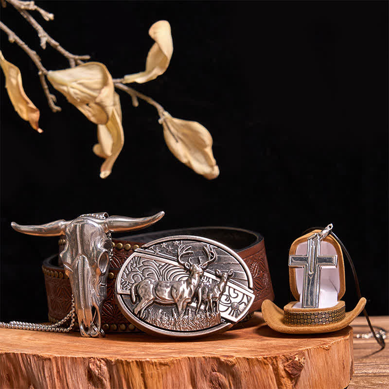 Dual Deers DIY Hidden Knife Belt Buckle Bull Pendant Creative Cross Necklace Bundle Set - Image 10