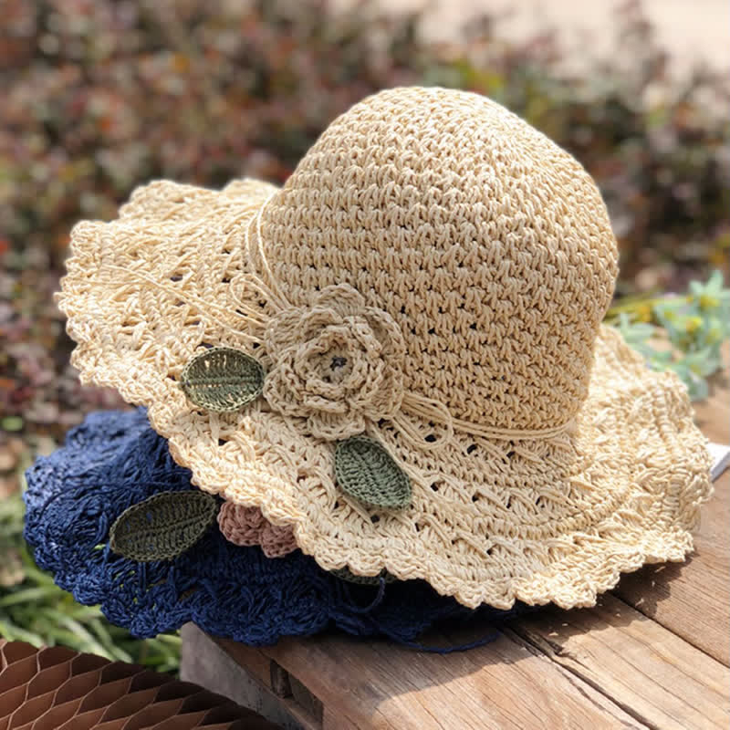 Elegant Flower Detailed Summer Crochet Foldable Straw Hat - Image 6