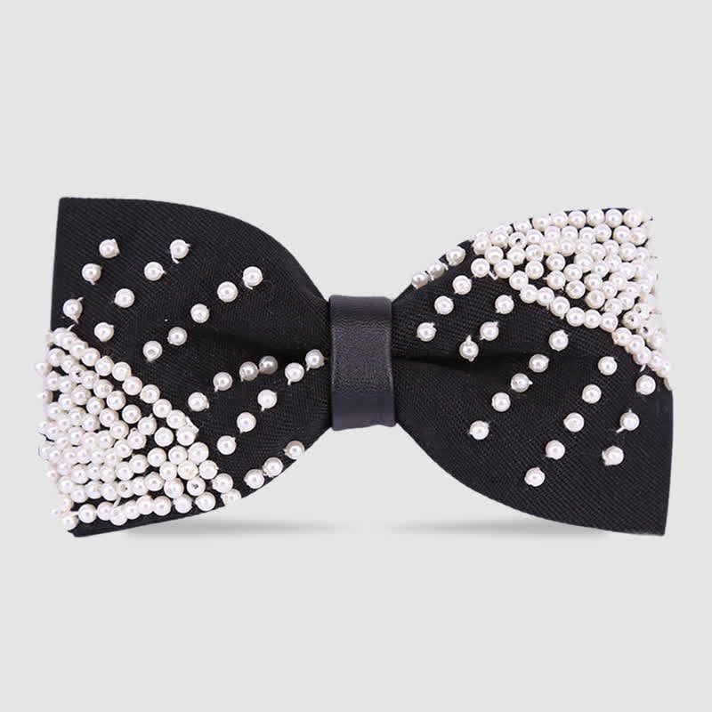 Elegant Hand-Embroidered Black & White Pearls Bow Tie - Image 4