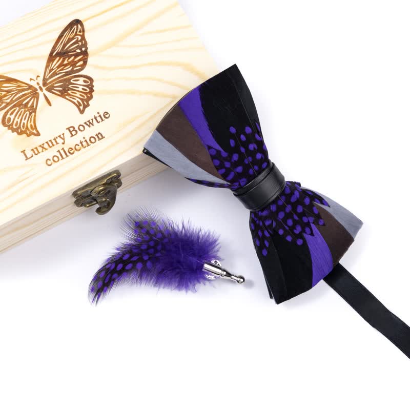 Elegant Purple Feather Bow Tie with Lapel Pin - Image 3