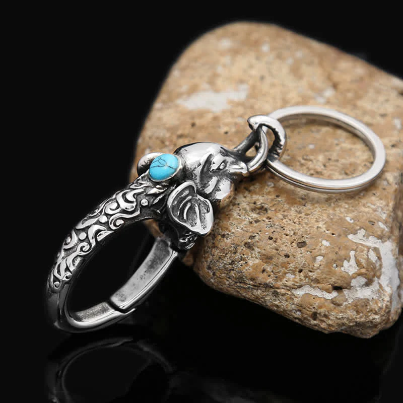 Elephant Head Keychain With Faux Turquoise Stone