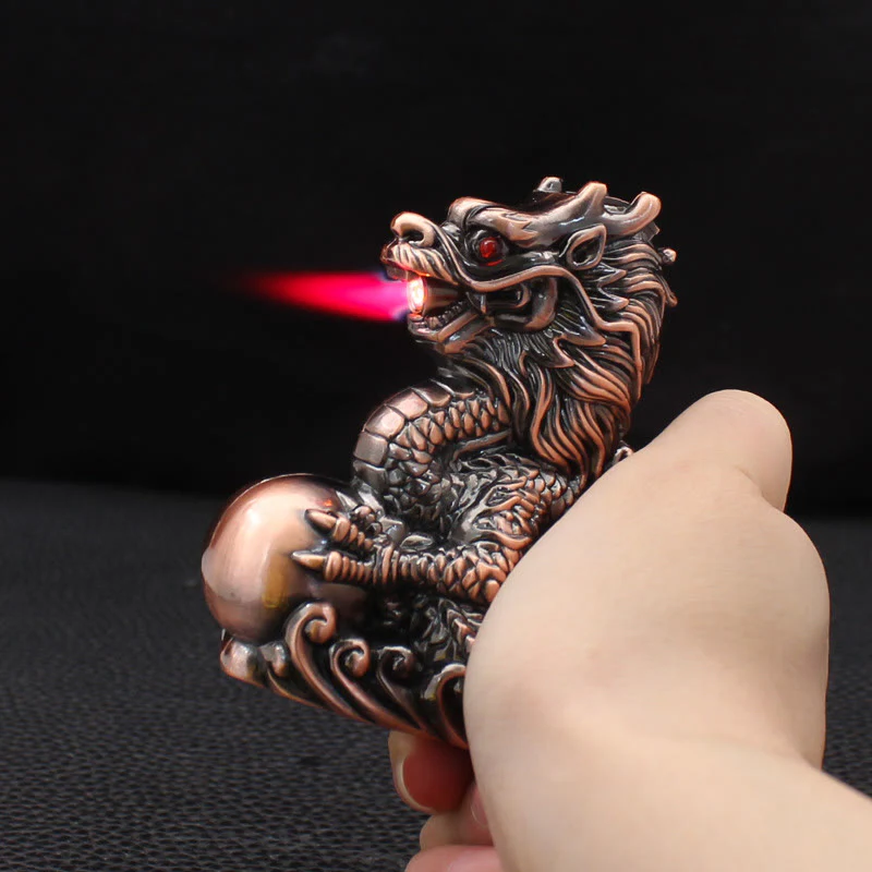 Embossed Dragon Playing Pearl Windproof Butane Lighter