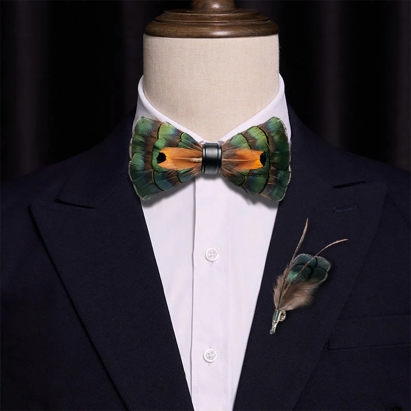 Emerald Green & Gold Feather Bow Tie with Lapel Pin - Image 2