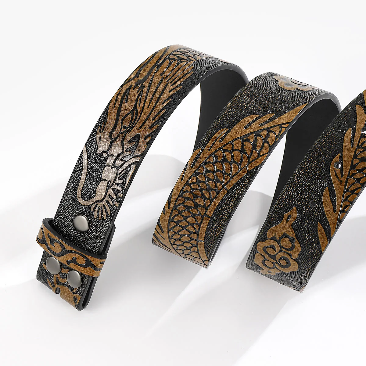 Engraved Dragon Pattern DIY Leather Belt Strap Without Belt Buckle - Image 3