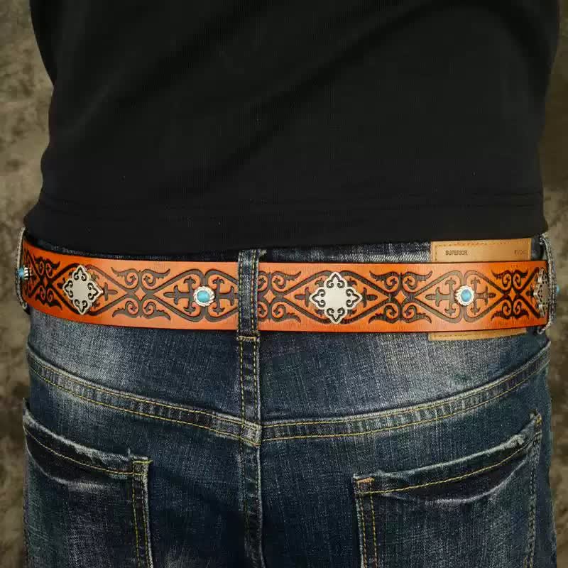 Ethnic Look Orange Embossed Pattern Leather Belt - Image 3