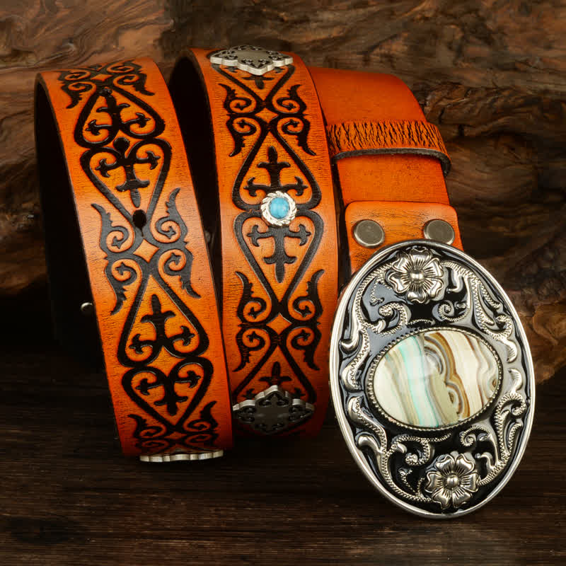 Ethnic Look Orange Embossed Pattern Leather Belt - Image 4