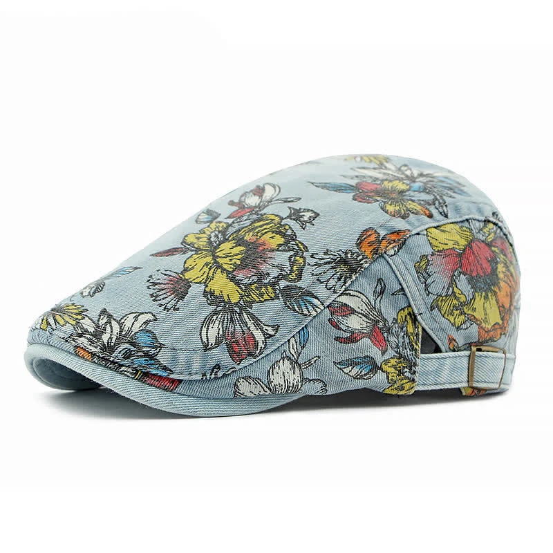 Fashion Floral Printed Denim Flat Beret Hat - Image 14