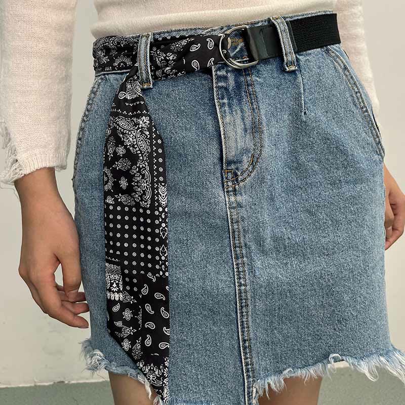Fashionable Black Double-Loop Printed Silk Belt