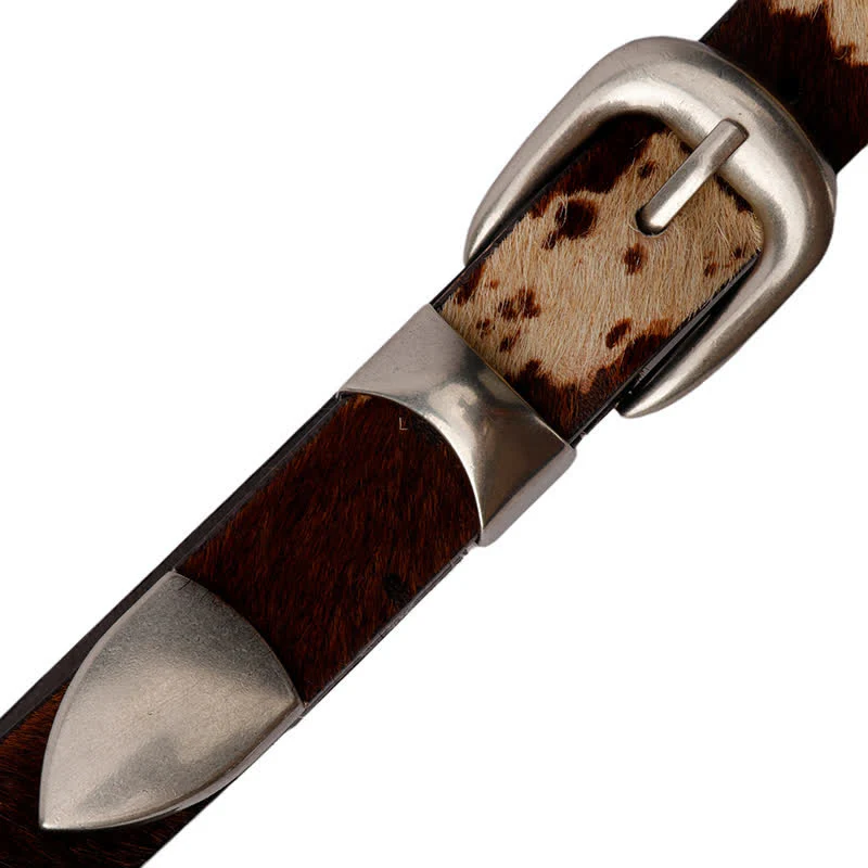 Faux Fur Cow Print Classic Silver Buckle Leather Belt - Image 13